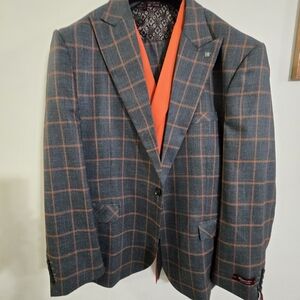 Statements Three-piece Suit Gray And Orange Plaid Wool And Cashmere Blend